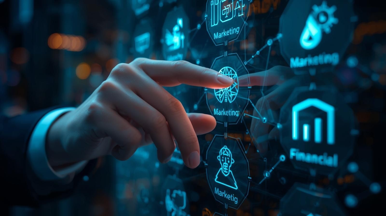 A business professional interacts with a digital touchscreen displaying icons for marketing, AI automation, and financial technology, representing BizBasicsDaily’s focus on practical strategies for success in the digital economy.